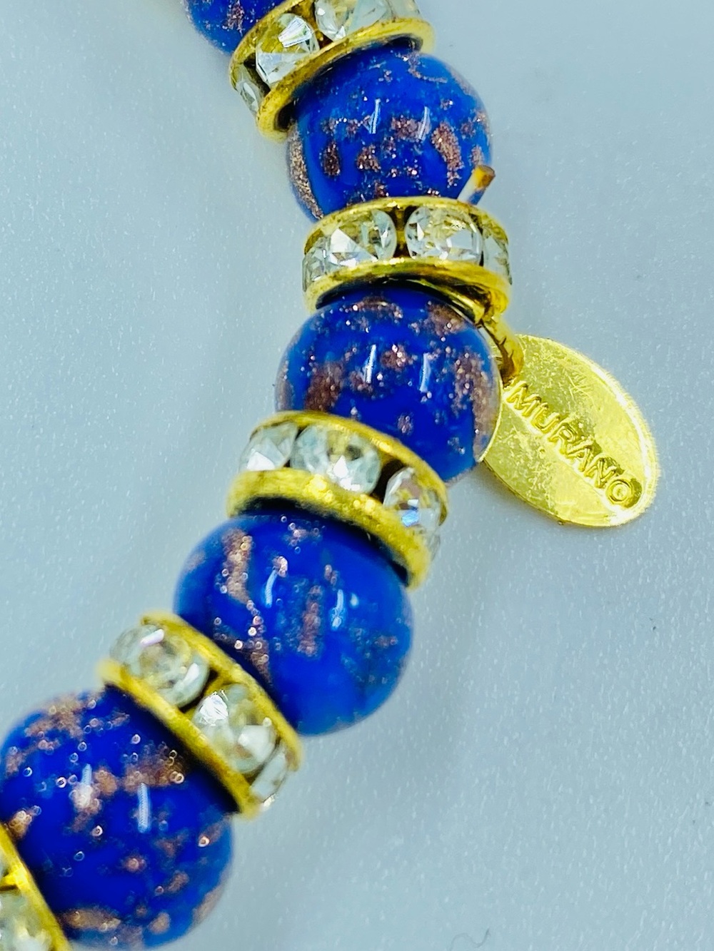 Gorgeous Murano Glass Bead Rhinestone Stretch On Bracelet Royal Blue Gold EUC - Picture 3 of 3